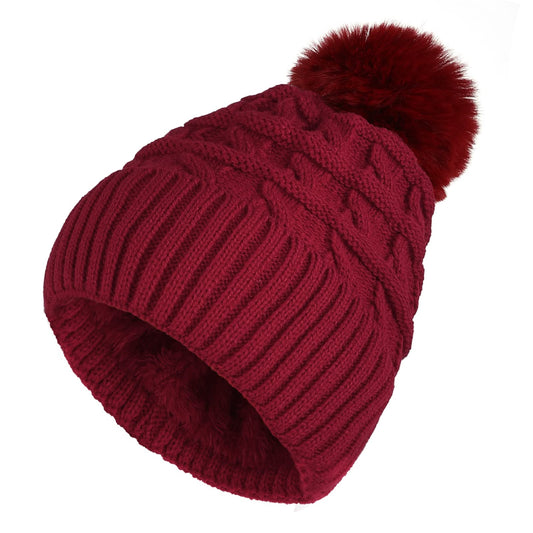 Sibba Bobble Hat for Women Winter Beanie Hats Thermal Fleece Lined Hat Ladies Knitted Wooly Hats with Faux Fur Pom Pom (Red)