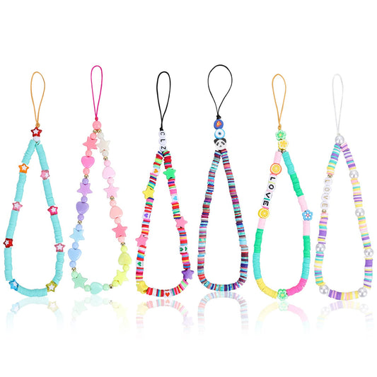 Sibba Beaded Phone Charm Mobile Lanyard Anti-Lost Key Chain Wristlet Bracelet Rainbow Smiling Face Fruit Star Letters Wrist Strap Handmade Acrylic Clay Beads Cell Case Decoration (6 PCS Set B)