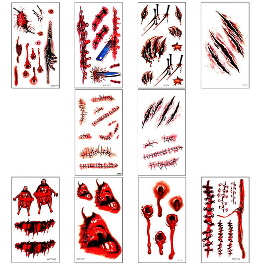 Sibba Scar Temporary Tattoos Costume Halloween Makeup 10 PCS Waterproof Fake Bloody Face Mouth Body Stickers Kit Stage Stamped Patch 3d Bruise Props Accessory