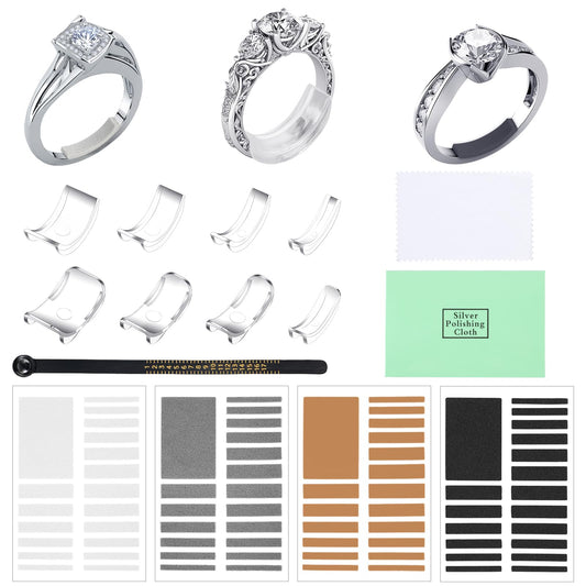 Dimeho 8 Pcs Ring Size Adjuster Transparent Loose Ring Sizer Adapter Kit with Silverware Polishing Cloth Measuring Ruler Ring Spacer Tightener Fits for Women Men Any Thin Wide Rings (14)