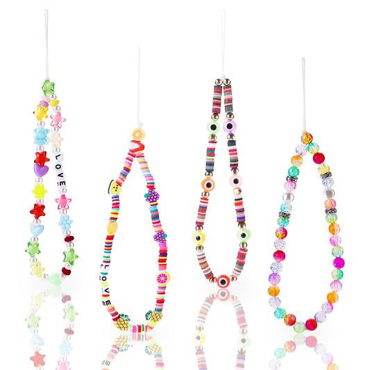 Sibba Beaded Phone Charm 4 Pieces Lanyard Wrist Strap String Rainbow Color Handmade Acrylic Beads Wristlet Bracelet Anti-lost Key Chain Cell Case Decoration Accessories