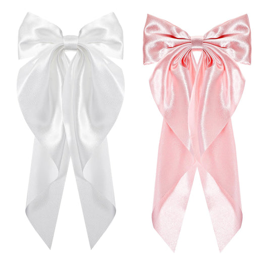 Sibba Hair Clips Bows Barrettes 2 PCS Ribbon Big Ties Long Tail Satin Hairpin Cheer Hairstyles Headwear Aesthetic Metal Bowknot Headpiece Outfit French Formal Event Wedding Party Prom (white/pink)