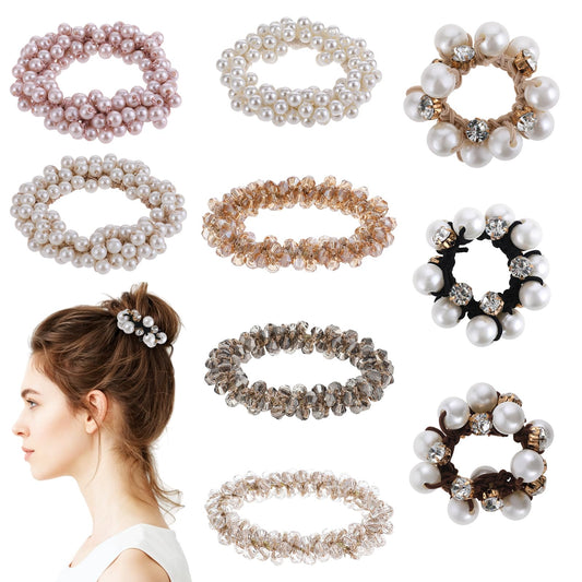 9 Pcs Pearl Hair Tie Crystal Elastic Hair Scrunchies Ponytail Holder Hair Ropes Fancy Stretchy Bead Hair Band Handmade Hair Accessories for Women Girls
