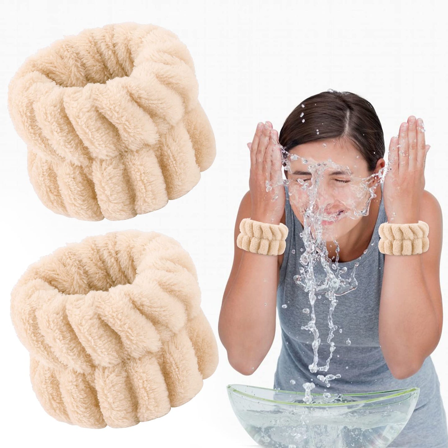 Sibba 2 Pieces Women's Microfiber Wrist Wash Bands, Absorbent Wristbands Wrist Sweatband for Girls Prevent Water from Spilling Down Your Arms (Khaki)
