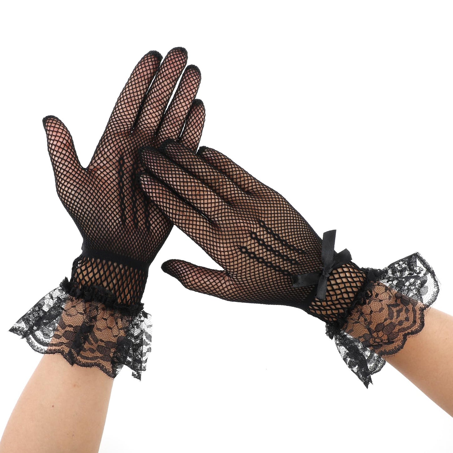 COMNICO Ladies Short Lace Gloves Elegant Mesh Cutout Fishnet Sleeves 1920s Halloween Cosplay Gloves Floral Hand Accessories Bride Wedding Dinner Dress Evening Costume for Women Tea Party Opera (Black)