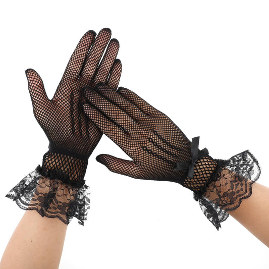 COMNICO Ladies Short Lace Gloves Elegant Mesh Cutout Fishnet Sleeves 1920s Halloween Cosplay Gloves Floral Hand Accessories Bride Wedding Dinner Dress Evening Costume for Women Tea Party Opera (Black)