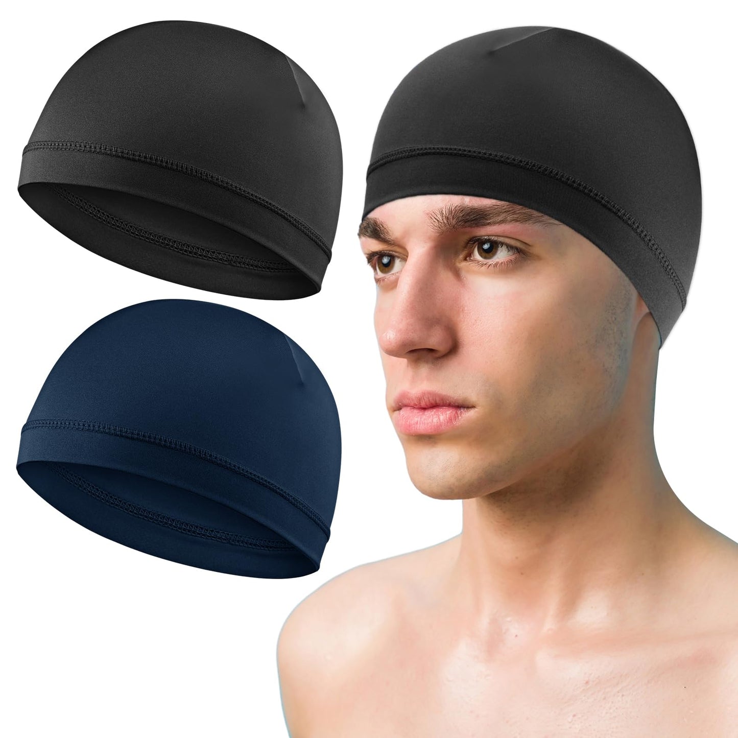 COMNICO 2 Pcs Men Skull Caps Beanie Multifunctional Sleep Hats Breathable Headwear Sweat Absorbent Liner Cap for Men Women, Black+navy Blue, 0