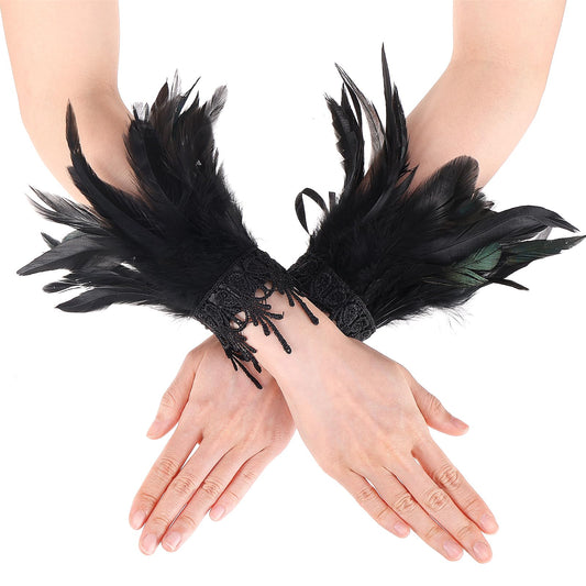 COMNICO Feather Lace Wrist, Gothic Floral Fingerless Gloves Long Sleeves Mesh Wrist Black Wings Cuffs Wrist Bands Costume Accessories for Women Girls Cosplay Halloween