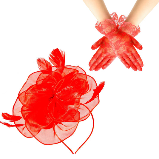 Sibba Tea Party Hat with Lace Gloves 1920s Vintage Fascinator Hats Cocktail Flower Headpiece for Women Girl Black Wedding Ribbons Feather Hair Clip Pillbox Fascinators Hat Church Banquet Cosplay (Red)