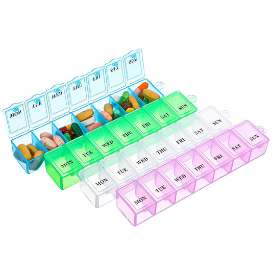 COMNICO Pill Box, 4Pcs Weekly Pill Organizer 7 Day Pill Case Daily Vitamin Case Portable Medicine Organizer with Compartment 4 Colors AM PM Pill Containers for Medicine Supplements Fish Oil