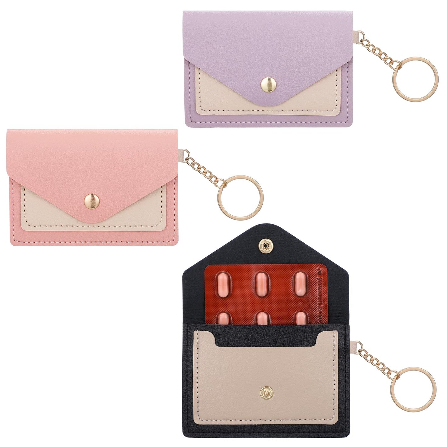 Wanmu 3Pcs Birth Control Pill Case Holder, PU Leather Wallet Pill Case Sleeve Packet, Birth Control Pill Case with Snap Closure and Keyring, Contraceptive Medicine Organizer for Travel Bag