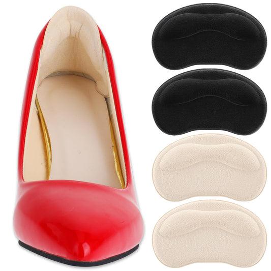 2 Pairs Heel Cushion Pads, Self-Adhesive Heel Grips Inserts for Loose Shoes Too Big, Reuseable Heel Protector Prevent Slipping Out, Blisters, Heel Guards Liners for Women, Men (Black & Beige)