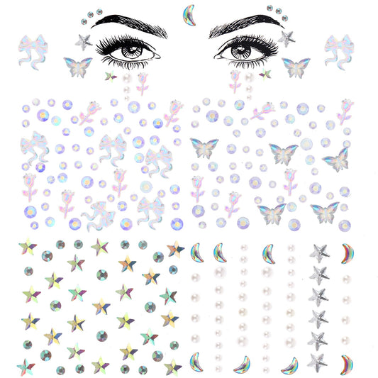 COMNICO Star Face Eye Stickers, 4 Pcs Star Jewelry Eye Body Sticker Star Moon Butterfly Pearl Face Jewels Star Face Gems Stickers Acrylic Rhinestones Makeup Sticker for Halloween Parties Festivals