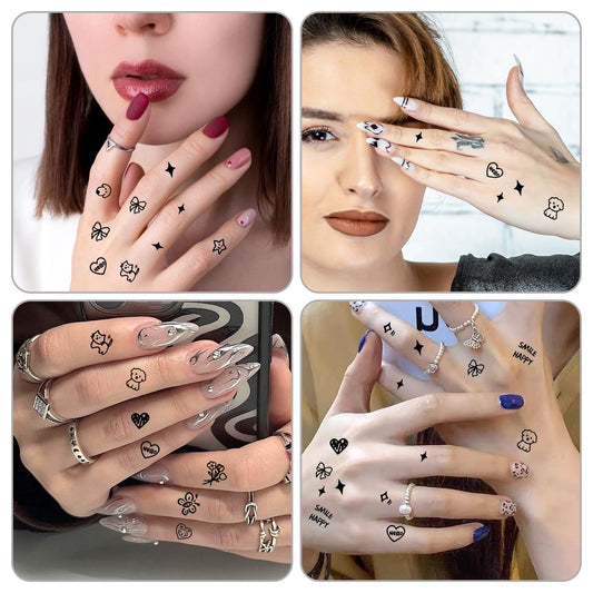 6 Pieces Tiny Small Temporary Tattoos for Adult Women Men Finger Hands, Mini Cute Black Cartoon Bohemia Fake Tattoo Stickers, Long Lasting Tiny Fake Temp Decal Tattoo for Birthday Party Gift