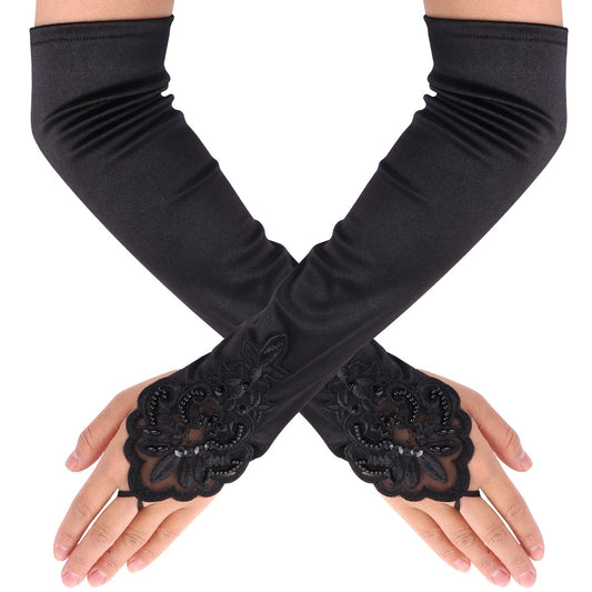Sibba Gloves Costume For Women 1 Pair Long Lace Mittens Formal Opera Elbow Length Arm Sleeve Princess Dress 1920s Accessories Outfits Tea Party Wedding Bridal Fingerless Handwear Goth Rave