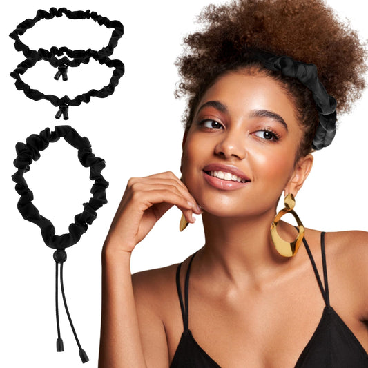 3 Pcs Hair Scrunchies Adjustable Satin Ponytails Holder Tie Curly Loc Ties Cuff Invisible Black Silk Soft Elasticity Bands for Thick Curls Hair Styling Braids Curler Headpiece Hairstyle Women