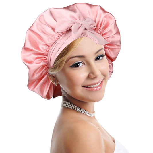 COMNICO Silk Satin Bonnet, Double Layer Satin Lined Hair Bonnet with Adjustable Tie Band Turbans Extra Large Sleep Cap for Women Sleeping Natural Curly Frizzy Hair