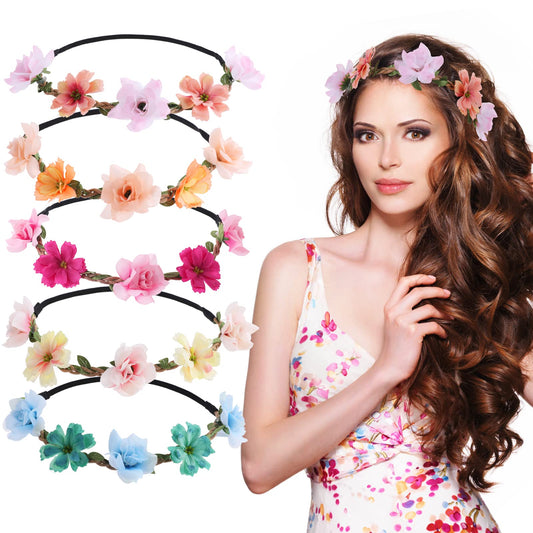 Sibba 5PCS Rose Flower Headband Floral Garland Crown Hair Wreath Boho Girl Women Fairy Headpiece Soft Hair Bands Fashion for Bridal Wedding Festival Party Photo Props Baby Shower Costume Accessories