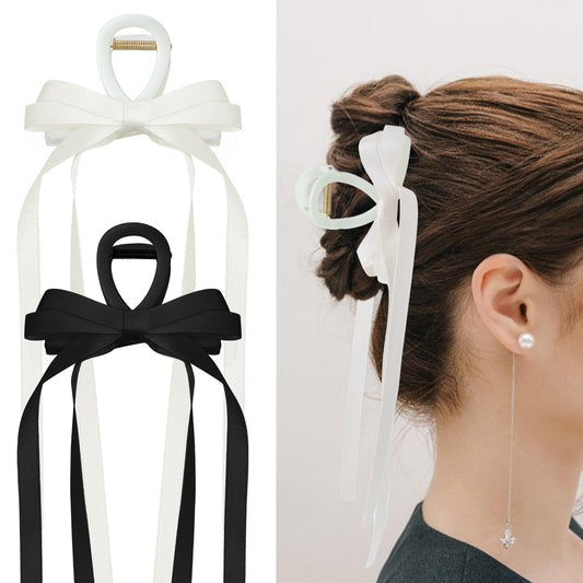 Sibba 3Pcs Bow Hair Claw Clips with Long Tail, Large Bow-knot Claw Clips for Women Girls Tassel Ribbon Big Hair Clips for Thick Thin Curly Long Hair Non-Slip Jaw Clips Barrettes Hair Styling Tools