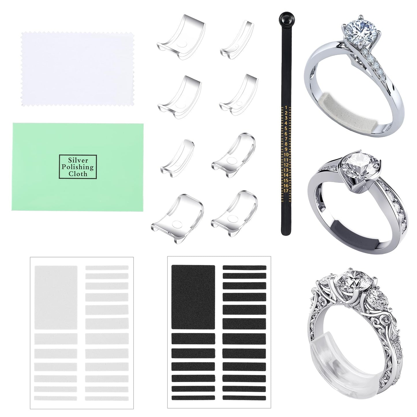 8 Pcs Ring Size Adjuster for Loose Rings Invisible Ring Adapter Kit with Measuring Ruler Silverware Polishing Cloth Transparent Ring Spacer Tightener Fits for Any Thin Wide Rings Women Men