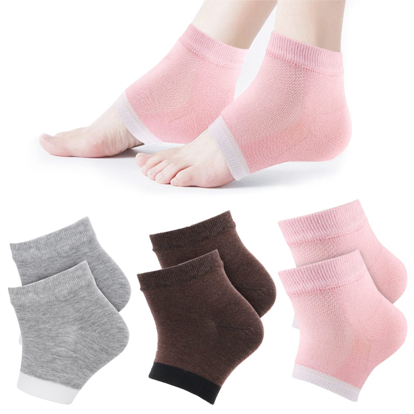 Sibba 3 Pairs Moisturizing Heel Socks Ventilate Gel Heel Open Toe Socks Soft Silicone Socks for Dry Hard Cracked Skin Breathable Reusable SPA Foot Protector Day Night Care Skin (Pink Gray Brown)