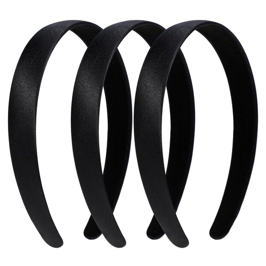 Wanmu 3Pcs Satin Headbands, Wide Hard HeadBand, Women Girls Non-Slip Fashion Hair Bands, Plain Hard Headbands for Women DIY Craft Hair Accessories (Black)