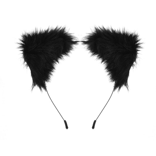 Sibba Ear Headband Costume Halloween Animal Cosplay Dress Furry Faux Fur Head Hoop Headpiece Headwear Hairband Kawaii Hair Styling Easter Party Accessories for Women (Black)