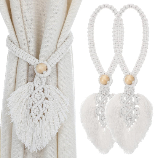 2 Pack Boho Curtain Tiebacks Hand Knitting Curtain Holdback Farmhouse Curtains Ties Adjustable Vintage Drapes Tie Back with Wooden Bead for Home Decorative Bohemian Accessories Indoor Outdoor