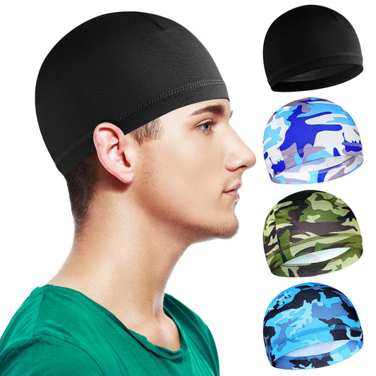 WLLHYF 4 Pieces Skull Caps for Men, Soft Beanie Wave Cap Sleep Hats Elastic Multifunctional Headwear Sleep Caps Wicking Cycling Running Hat (Black/Camouflage