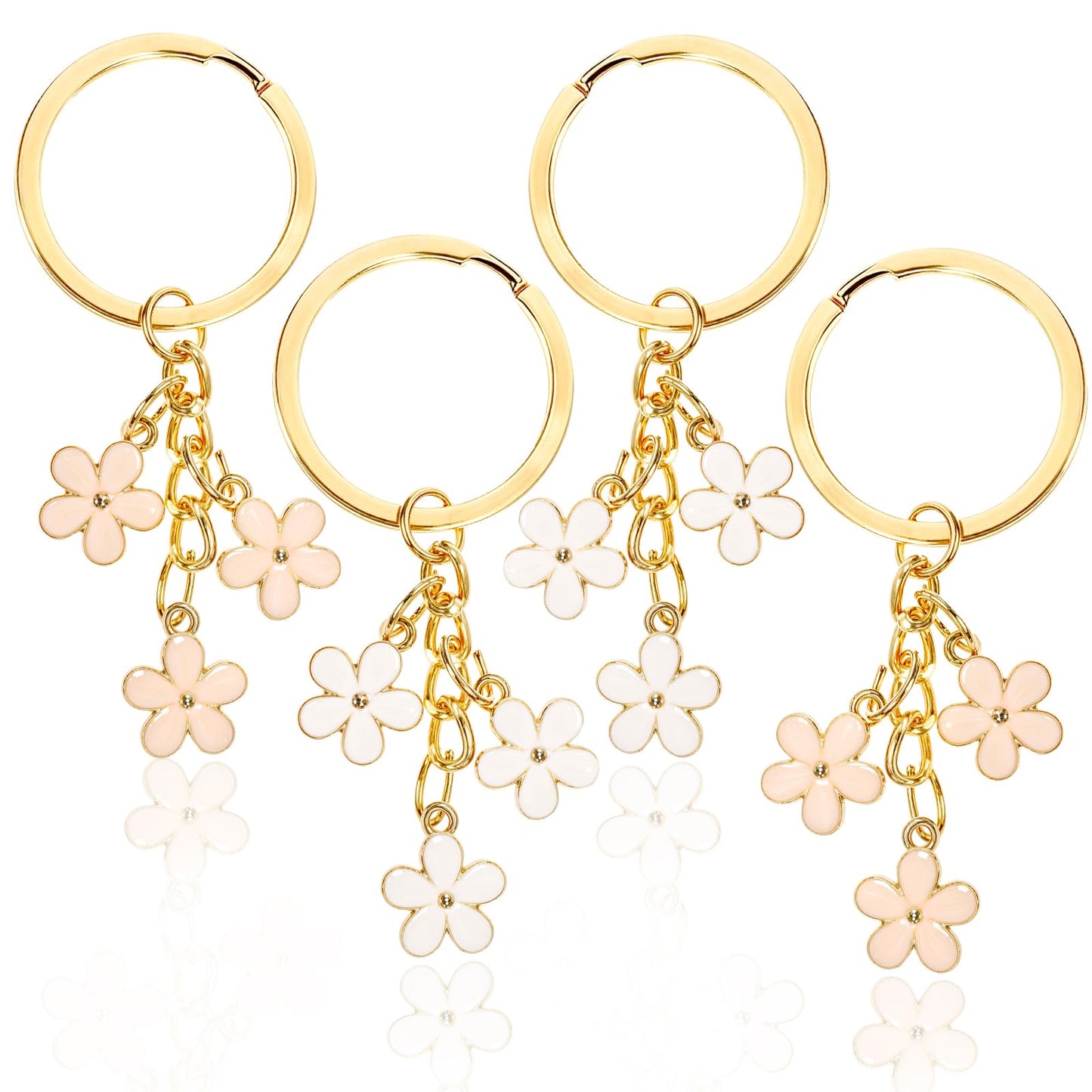 4Pcs Flower Keychain White/Pink Flower Charms for Key Cute Keyring for Handbag Backpack Daisy Chain Tassel Keyring Gifts Enameled Keychain for Women Gifts Wallet Purse Bag Accessories