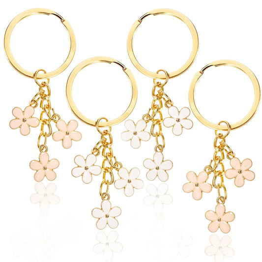 4Pcs Flower Keychain White/Pink Flower Charms for Key Cute Keyring for Handbag Backpack Daisy Chain Tassel Keyring Gifts Enameled Keychain for Women Gifts Wallet Purse Bag Accessories