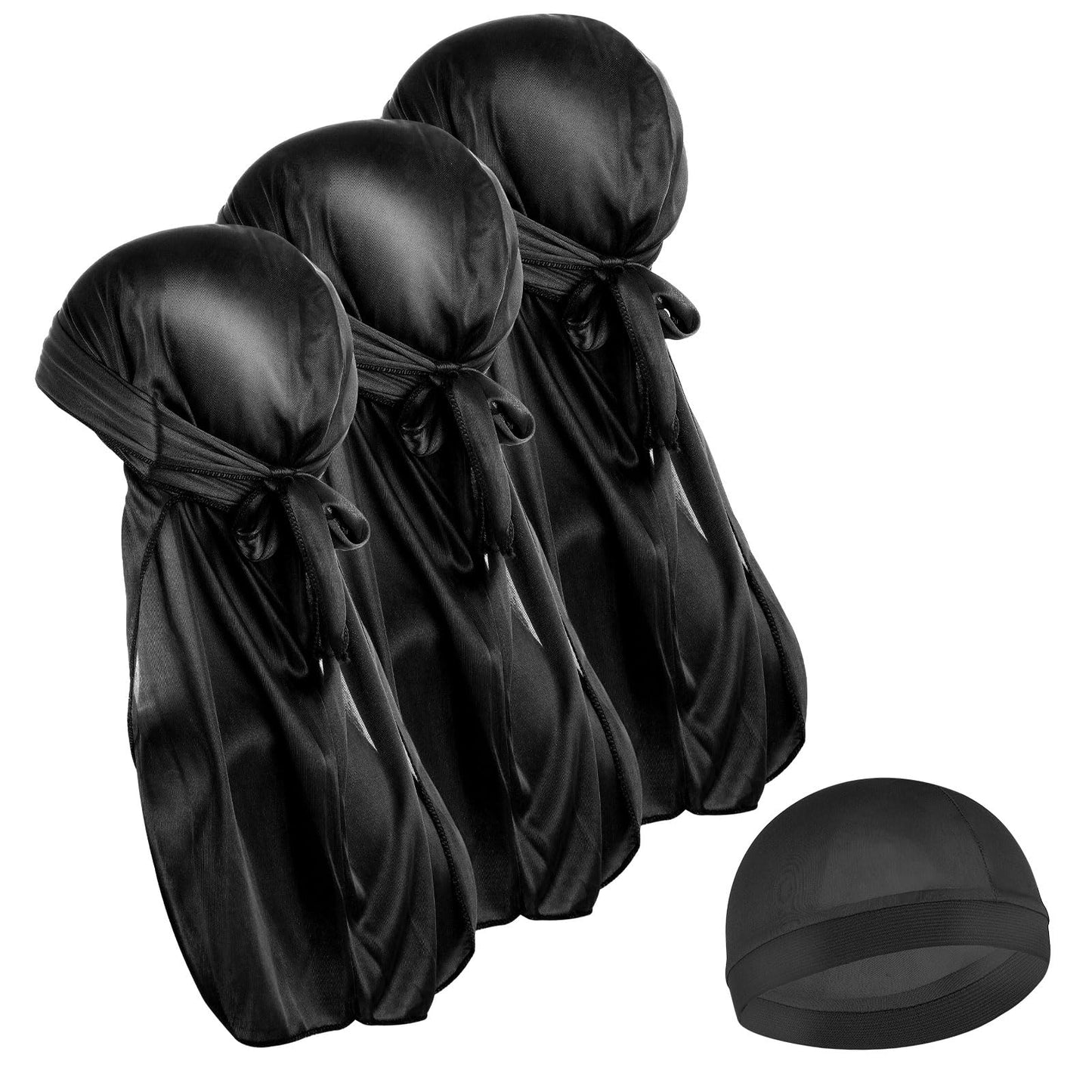 Silky Durags for Men Women, 3PCS 360 Waves with 1 Wave Cap Long Tailed Turban Headwear Elastic Durags Soft Breathable Stocking Wave Caps for Men Women Running Fitness Cycling Hiking Camping(Black)