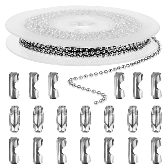 COMNICO Steel Ball Chain, Stainless Steel Beaded Dog Tag Chain Necklace Chains with 20pcs Matching Connectors, Silver Metal Pull Chain Roll Spool for Making Jewelry Bracelet DIY (32.8ft, 2.4mm)