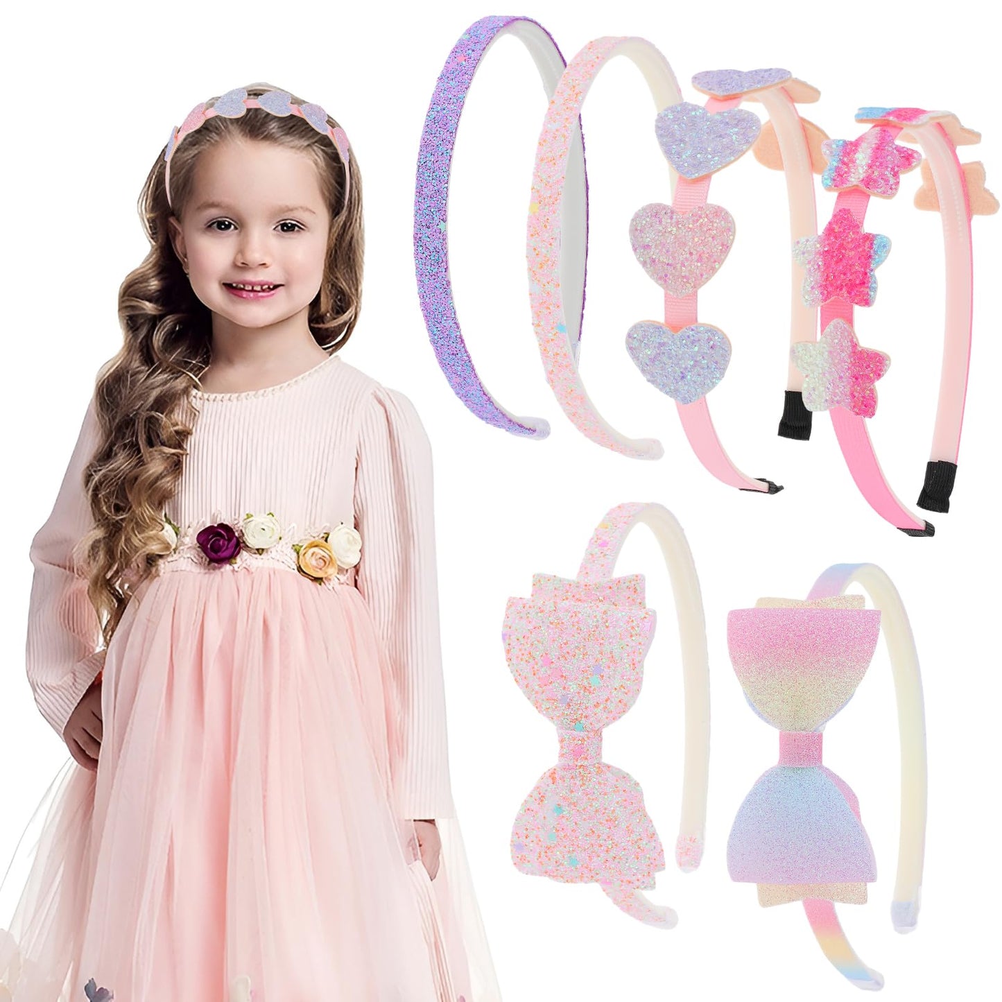Sibba Girls Bow Headbands 6 Pcs Glitter Headband Elastic Hair Band Stretch Headband Little Hair Accessories Bow Heart Star Tools Cute Headpieces For Teens, Birthday Party, Christmas, Masquerade