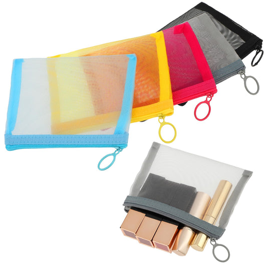 COMNICO Mesh Makeup Bags, 5Pcs Nylon Mini Zipper Mesh Bags Mesh Cosmetic Zipper Bags 5" x 4" Beauty Lipstick Cosmetic Accessories Organizer Small Travel Kit Storage Assorted Colors Keychain Pouch