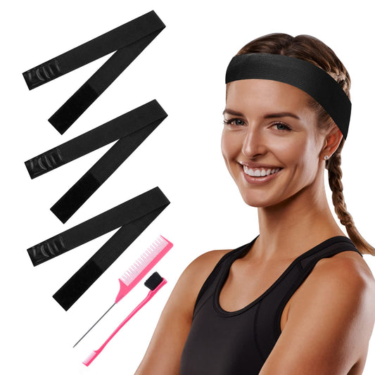 Sibba 3Pcs Elastic Band for Wig, Adjustable Elastic Band for Wig with Hair Edge Brush and Comb, Elastic Headband Edge Laying Band For Women Hair Closure Frontal Wigs