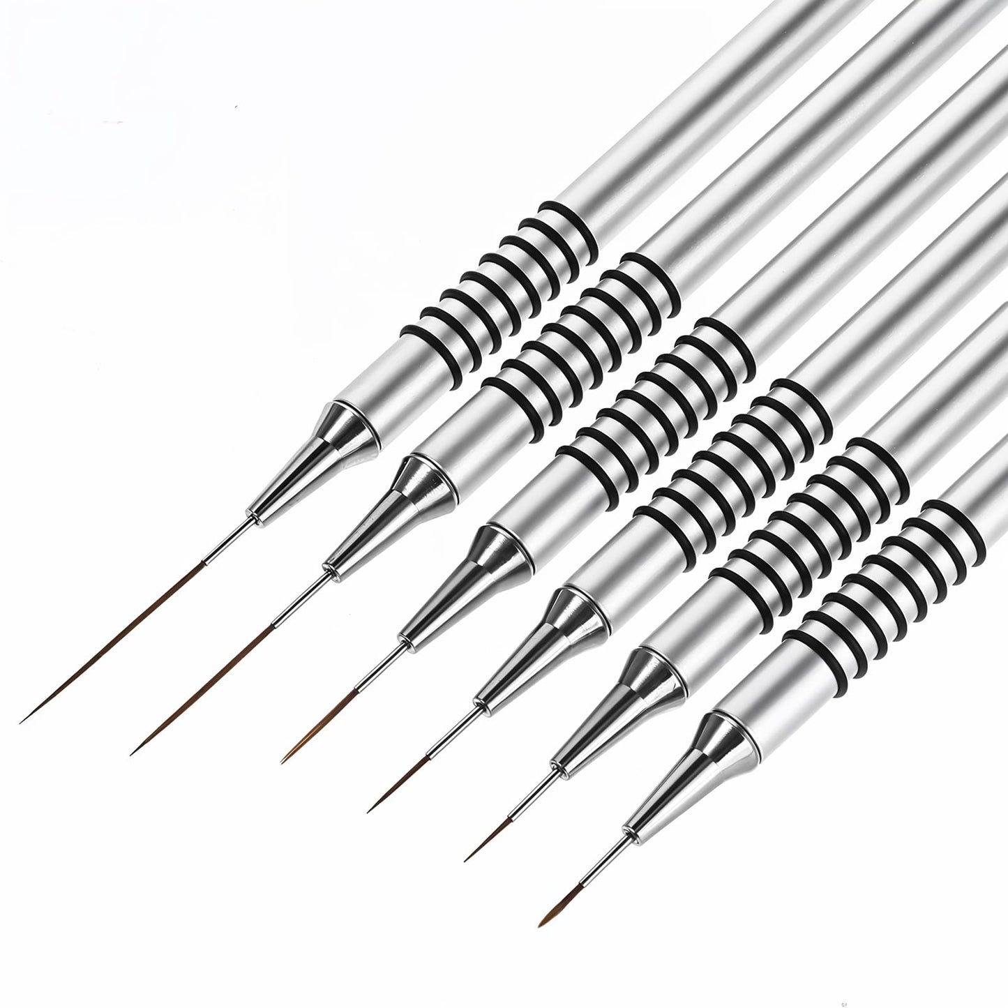 Wanmu Nail Art Liner Brush, 6 Pcs Nail Art Brushes, Nail Art Dotting Tools, Nail Brush for Long Lines, Thin Line Details, Fine Drawing, Size 5/7/9/11/20/25mm (Silver)