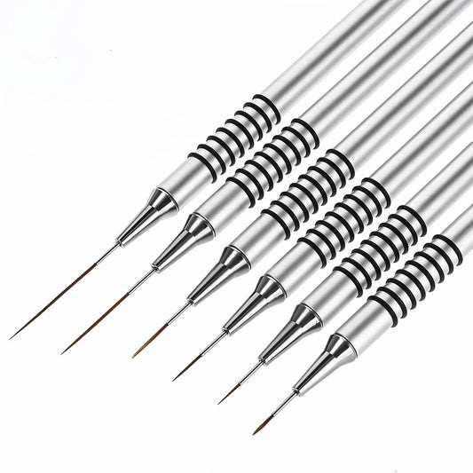 Wanmu Nail Art Liner Brush, 6 Pcs Nail Art Brushes, Nail Art Dotting Tools, Nail Brush for Long Lines, Thin Line Details, Fine Drawing, Size 5/7/9/11/20/25mm (Silver)