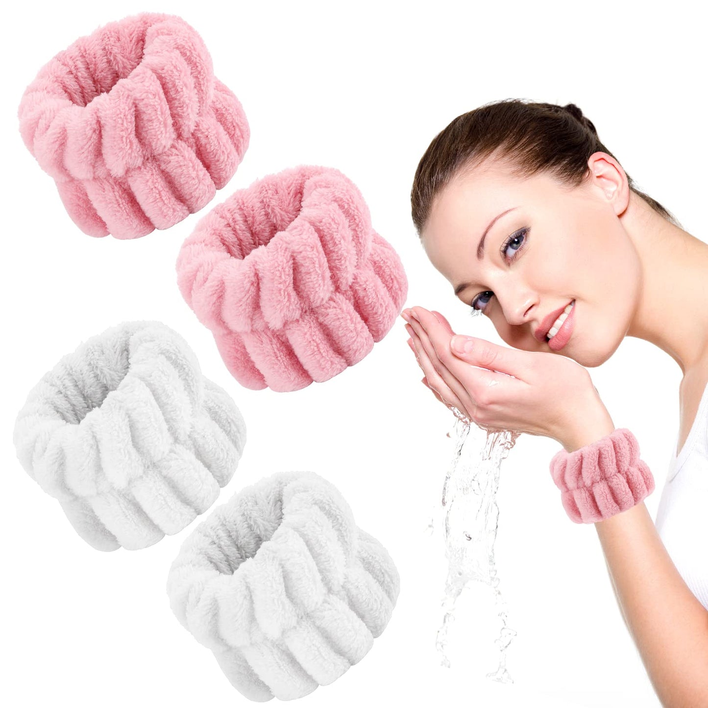 Sibba 4 Pieces Women's Microfiber Wrist Wash Bands, Absorbent Wristbands Wrist Sweatband for Girls Prevent Water from Spilling Down Your Arms (Pink&White)