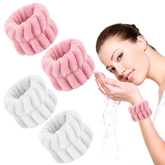 Sibba 4 Pieces Women's Microfiber Wrist Wash Bands, Absorbent Wristbands Wrist Sweatband for Girls Prevent Water from Spilling Down Your Arms (Pink&White)