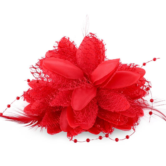 Sibba Flower Hats Clips Hairpin Barrettes Rose Hair Dress Valentines Mother's Day Easter Headwear Headpiece Accessory Pin Floral Feather Women Girls Dresses For Travel Wedding Prom Party (Red)
