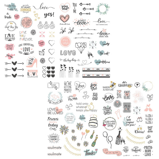 4 Sheets 230 Wedding Sticker for Scrapbooking Valentine's Day Scrapbook Sticker Self-Adhesive Romantic Decal Illustration Phrases Sticker for Envelope Invitation Engagement Anniversary Bridal Shower