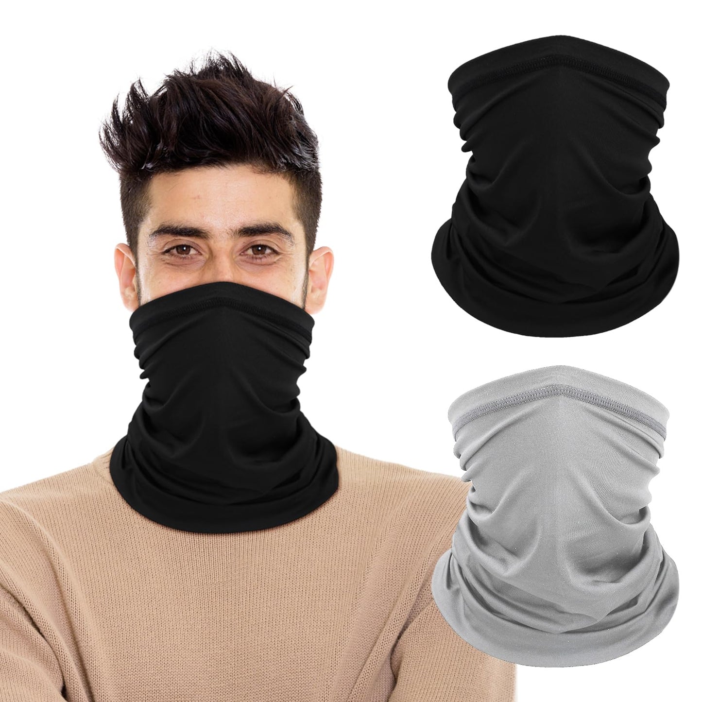 Sibba Neck Gaiters Face Cover Mask 2 PCS Ski Scarf Bandana Thick Breathable Work Running Bike Summer Sun Covering Protection Sweat Wicking Half Sleeve Outdoor Men Women (black/grey)