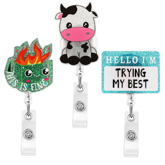 Dimeho 3Pcs Funny Badge Reel Retractable Cute Nursing Badge Reel Holder for Nurse This is Fine Dumpster Fire Hello Pink Cow Badges Clip Doctor Office Worker Teacher Student