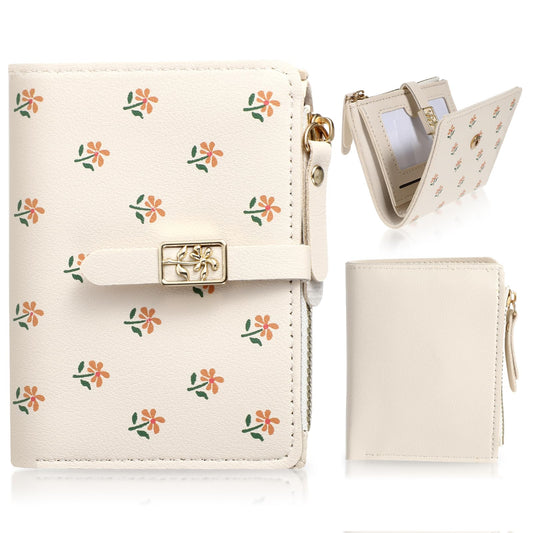 Small Wallets Woman RFID Blocking Leather Credit Card Holder, Card Wallets for Women with Zipper Coin Purse, Off White Small Slim Thin Credit Card Wallet, PU Leather Bifold Cash Wallet with ID Window