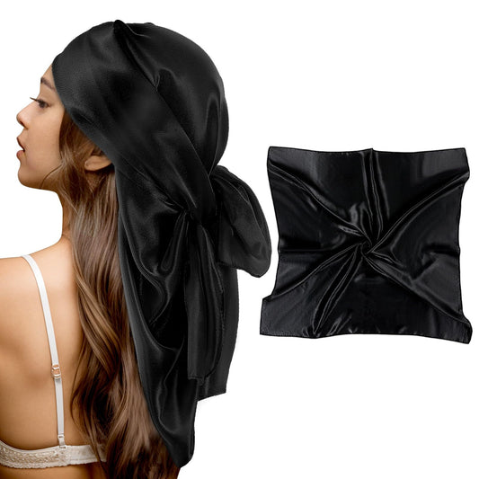 COMNICO 35" Large Square Satin Head Scarves, Silk Like Hair Scarf Bandanas Neck Scarf Night Hair Sleeping Wraps for Women (Black)