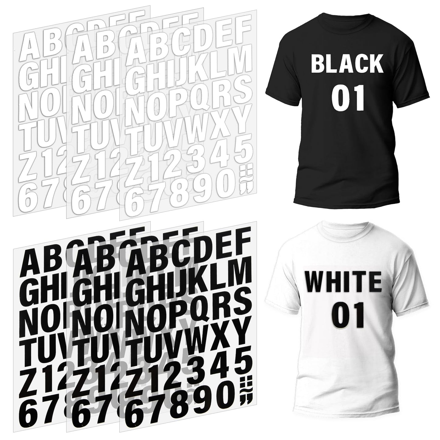 COMNICO 6 Sheets 215 Pieces Iron on Letters and Numbers for Clothing, 1.77 inches Letters A to Z and Numbers 0-9 Iron on Heat Transfer Vinyl Alphabet for T-Shirt Printing DIY Craft (Black+White)