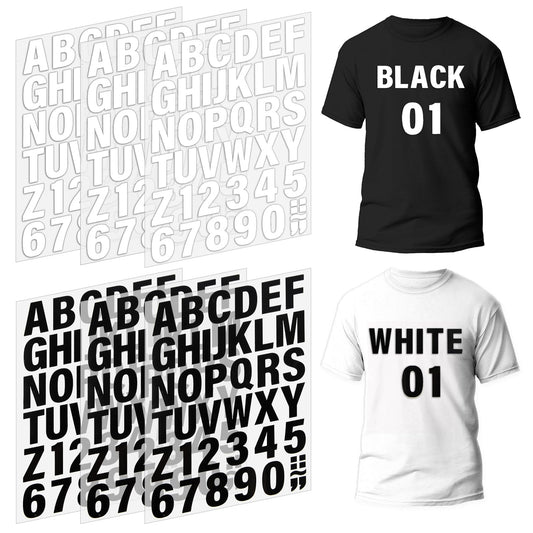COMNICO 6 Sheets 215 Pieces Iron on Letters and Numbers for Clothing, 1.77 inches Letters A to Z and Numbers 0-9 Iron on Heat Transfer Vinyl Alphabet for T-Shirt Printing DIY Craft (Black+White)
