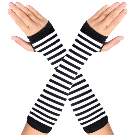 Sibba Fingerless Gloves Arm Warmers Long Goth Sleeves Halloween Cosplay Rock Gothic Striped Disco Warm Cuffs Winter Warmer Full Finger Mittens Christmas Carnival Women Clothes Costume (White Striped)
