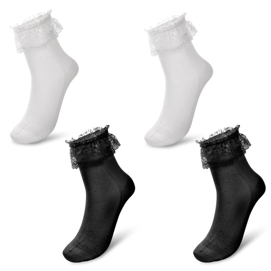 COMNICO Lace Socks, 4 Pack Women Frilly Socks Fashion Cute Ladies Princess Comfortable Cotton Socks Breathable Cool Ruffle Frilly Ankle Dress Socks for Women Girls